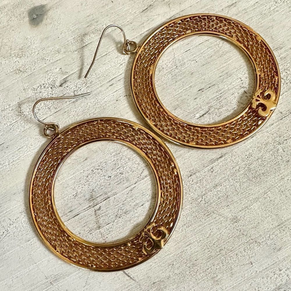 Gold tone fleur de lis round statement earrings